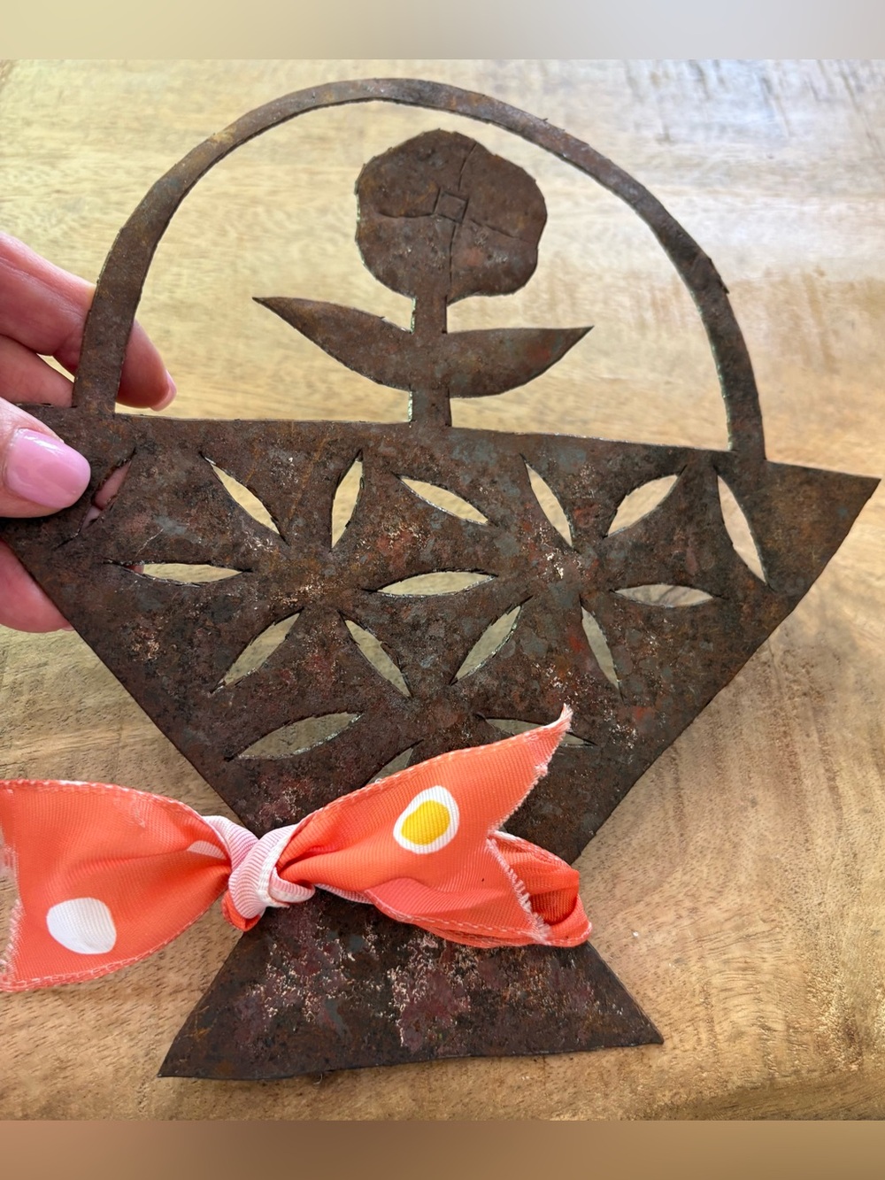 Rustic Sheet Metal Flower Basket Wall Accent with Orange Bow - Picture 6 of 8